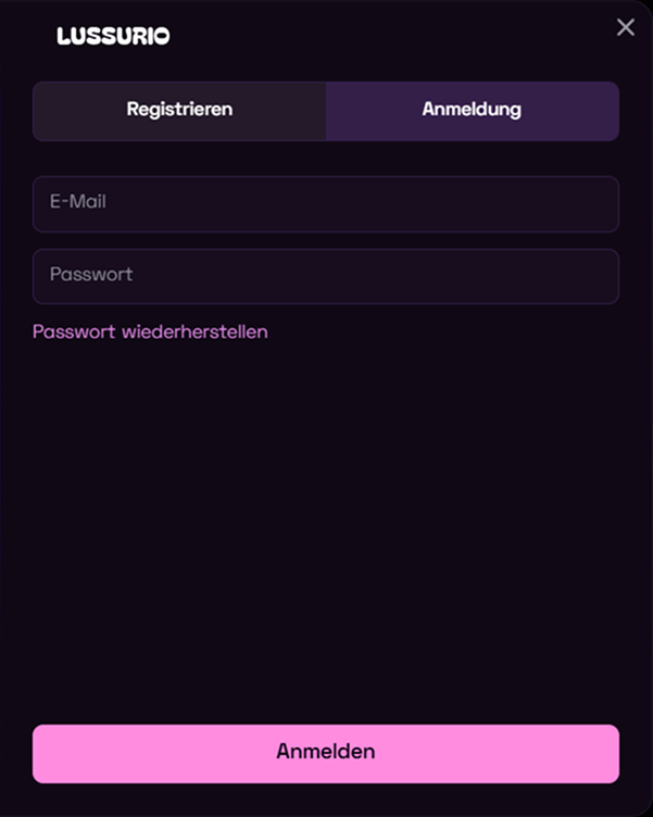 Lussurio Anmeldung E-Mail Passwort wiederherstellen