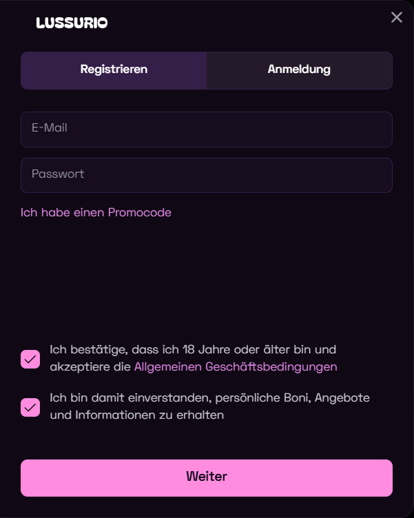 Lussurio Registrierung E-Mail Passwort Promocode