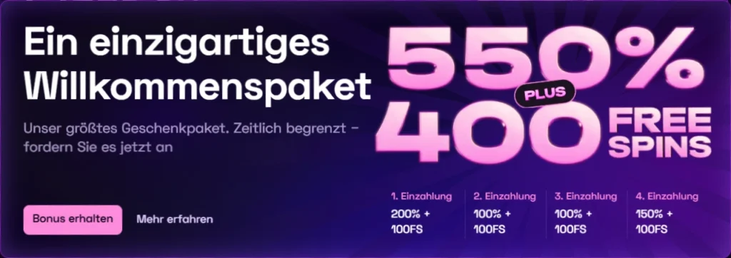 Willkommenspaket 550 % 400 FS vier Einzahlungen